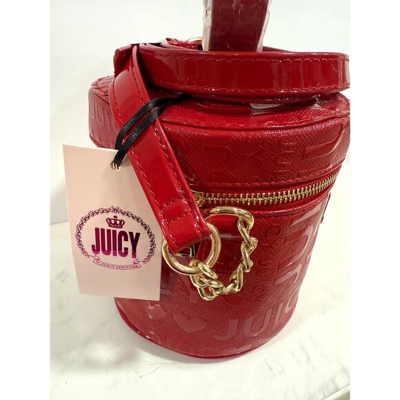 Juicy Couture Red Embossed Jet Set Train Case Bucket Bag Gold Chain Y2K Glam NWT - Picture 7 of 8